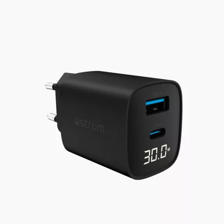 Astrum Watz 30L hálózati PD, GaN töltő 1X Type-C 1X USB-A, 30W, 3.4A, fekete