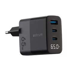   Astrum Watz 65G hálózati PD, GaN töltő 2X Type-C 1X USB-A, 65W, 3.4A, fekete