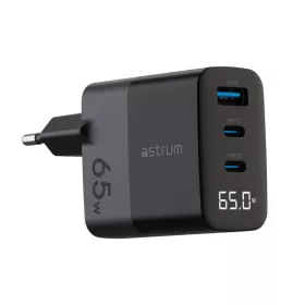   Astrum Watz 65G hálózati PD, GaN töltő 2X Type-C 1X USB-A, 65W, 3.4A, fekete
