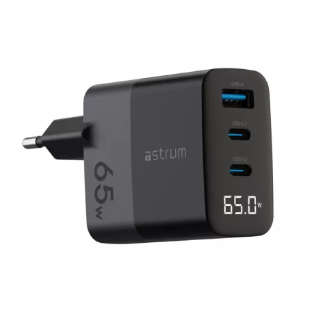 Astrum Watz 65G hálózati PD, GaN töltő 2X Type-C 1X USB-A, 65W, 3.4A, fekete