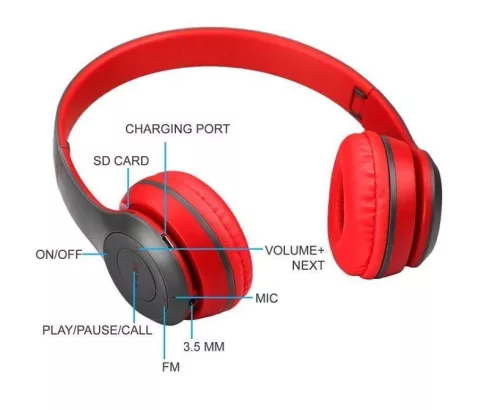 Foldable P47 fekete - piros sztereó összecsukható fejhallgató EDR technologiával, beepitett mikrofonnal, FM rádió, MicroSD foglalattal, Bluetooth 4.2