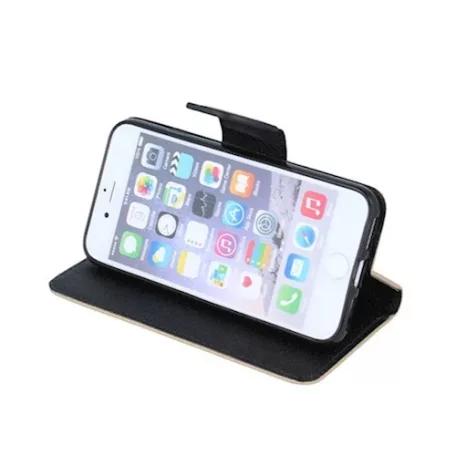 Fancy Apple iPhone 5G/5S/5SE oldalra nyíló mágneses könyv tok szilikon belsővel arany - fekete