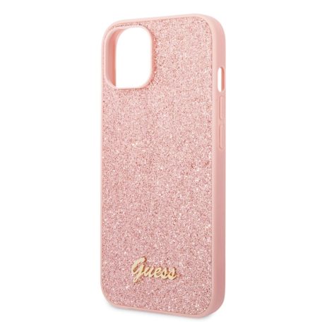 Guess Apple iPhone 14 Plus (6.7) PC/TPU Glitter Flakes Metal Logo hátlapvédő tok pink (GUHCP14MHGGSHP)