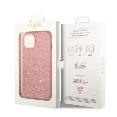 Guess Apple iPhone 14 Pro Max (6.7) PC/TPU Glitter Flakes Metal Logo hátlapvédő tok pink (GUHCP14XHGGSHP)