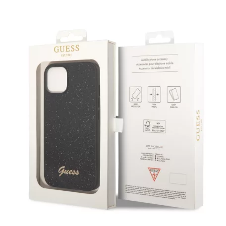 Guess Apple iPhone 14 Plus (6.7) PC/TPU Glitter Flakes Metal Logo hátlapvédő tok fekete (GUHCP14MHGGSHK)