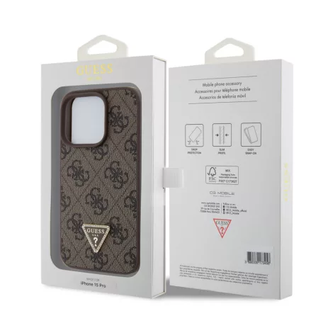 Guess Apple iPhone 15 Pro (6.1) PU 4G Strass Triangle Metal Logo hátlapvédő tok barna (GUHCP15LP4TDPW)