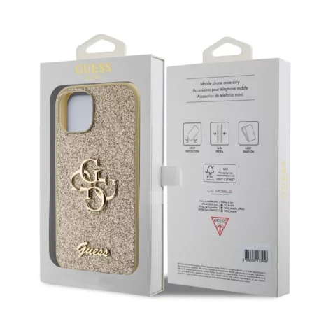 Guess Apple iPhone 13 (6.1) PU Fixed Glitter 4G Metal Logo hátlapvédő tok arany (GUHCP13MHG4SGD)