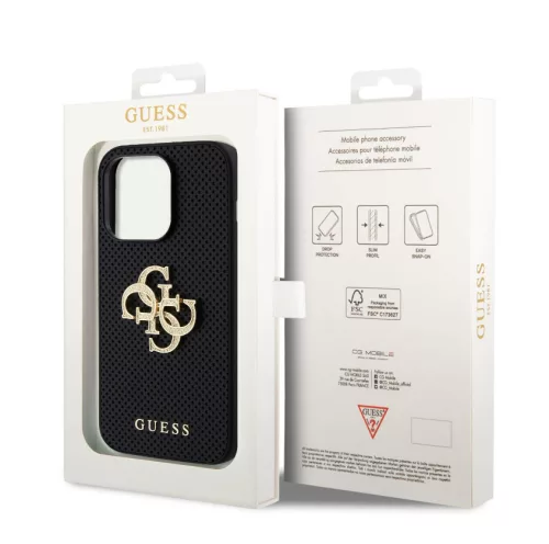 Guess Apple iPhone 12 Pro (6.1) PU Perforated 4G Glitter Metal Logo hátlapvédő tok fekete (GUHCP12MPSP4LGK)