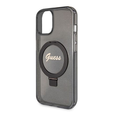 Guess Apple iPhone 15 (6.1) IML Ring Stand Glitter MagSafe hátlapvédő tok fekete (GUHMP15SHRSGSK)