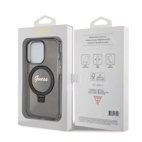 Guess Apple iPhone 15 Pro (6.1) IML Ring Stand Glitter MagSafe hátlapvédő tok fekete (GUHMP15LHRSGSK)