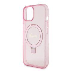   Guess Apple iPhone 15 (6.1) IML Ring Stand Glitter MagSafe hátlapvédő tok pink (GUHMP15SHRSGSP)