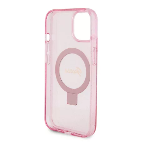 Guess Apple iPhone 15 (6.1) IML Ring Stand Glitter MagSafe hátlapvédő tok pink (GUHMP15SHRSGSP)