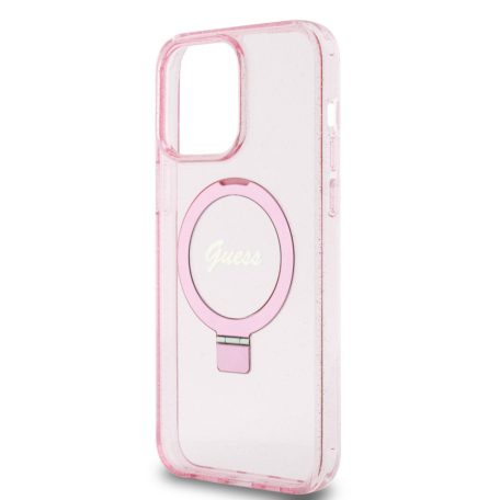 Guess Apple iPhone 15 Pro Max (6.7) IML Ring Stand Glitter MagSafe hátlapvédő tok pink (GUHMP15XHRSGSP)