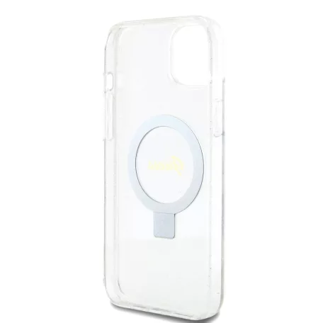 Guess Apple iPhone 15 Plus (6.7) IML Ring Stand Glitter hátlapvédő tok átlátszó (GUHMP15MHRSGSD)