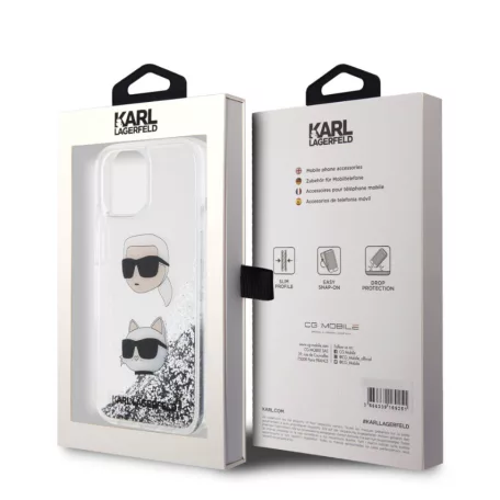 Karl Lagerfeld Liquid Glitter Karl and Choupette Apple iPhone 15 Pro Max (6.7) hátlapvédő tok ezüst (KLHCP15XLDHKCNS)