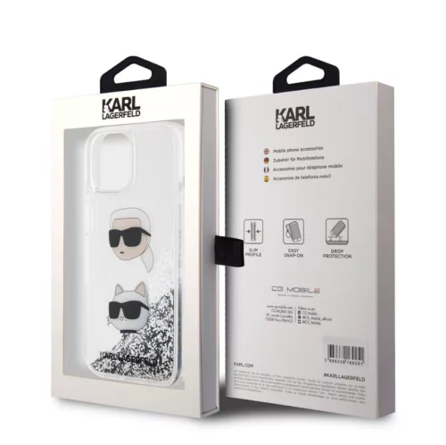 Karl Lagerfeld Liquid Glitter Karl and Choupette Apple iPhone 15 Pro Max (6.7) hátlapvédő tok ezüst (KLHCP15XLDHKCNS)