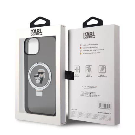 Karl Lagerfeld Ringstand Karl and Choupette MagSafe Apple iPhone 15 Plus (6.7) hátlapvédő tok fekete (KLHMP15MHMRSKCK)