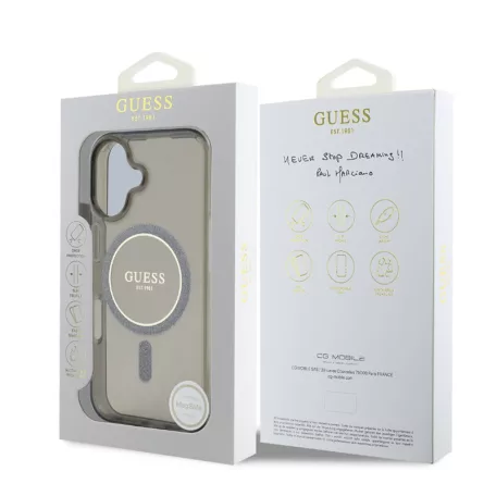 Guess Apple iPhone 16 (6.1) IML Glitter Ring hátlapvédő MagSafe tok fekete (GUHMP16SHFGEREK)