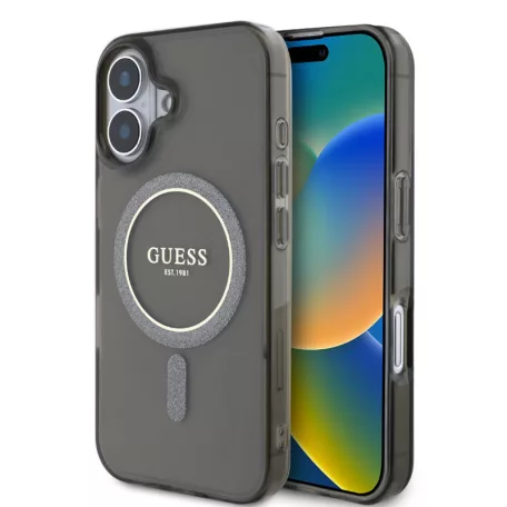 Guess Apple iPhone 16 Pro Max (6.9) IML Glitter Ring hátlapvédő MagSafe tok fekete (GUHMP16SHFGEREK)