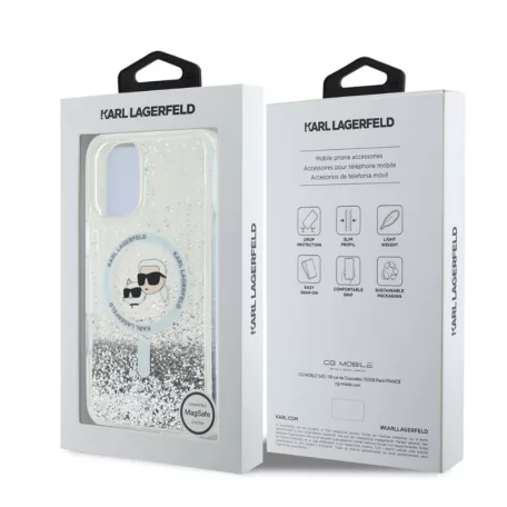 Karl Lagerfeld Liquid Glitter Karl and Choupette Heads MagSafe Apple iPhone 16 Pro (6.3) hátlapvédő tok ezüst (KLHMP16SLGKCSGH)
