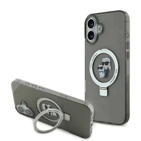 Karl Lagerfeld Ringstand Karl and Choupette MagSafe Apple iPhone 16 (6.1) hátlapvédő tok fekete (KLHMP16SHMRSKCK)