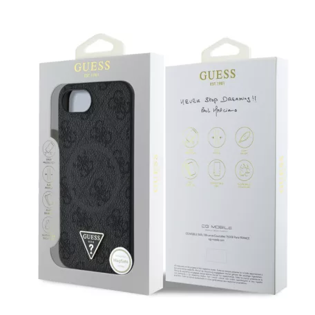 Guess Apple iPhone 16e (6.1) PU 4G Strass Triangle Metal Logo Magsafe hátlapvédő tok fekete (GUHMPSE4P4TDPK)
