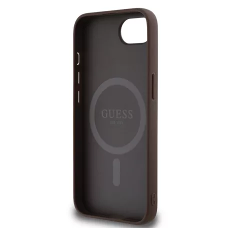 Guess Apple iPhone 16e (6.1) PU 4G Strass Triangle Metal Logo Magsafe hátlapvédő tok barna (GUHMPSE4P4TDPW)