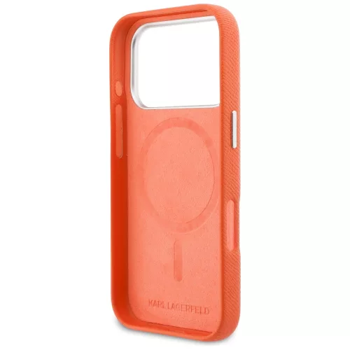 Karl Lagerfeld PU Saffiano Karl and Choupette Head MagSafe Apple iPhone 17 Pro hátlapvédő tok narancssárga (KLHMP17L6PFKCLO)
