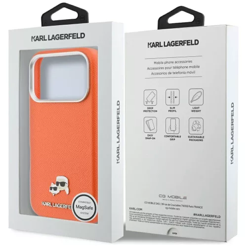 Karl Lagerfeld PU Saffiano Karl and Choupette Head MagSafe Apple iPhone 17 Pro hátlapvédő tok narancssárga (KLHMP17L6PFKCLO)
