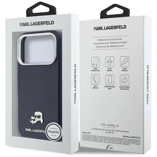 Karl Lagerfeld PU Saffiano Karl and Choupette Head MagSafe Apple iPhone 17 Pro Max hátlapvédő tok sötétkék (KLHMP17X6PFKCLB)