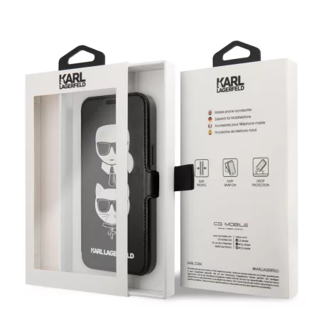 Karl Lagerfeld and Choupette Apple iPhone 12 Mini 2020 (5.4) oldalra nyíló könyv tok fekete (KLFLBKSP12SFKICKC)