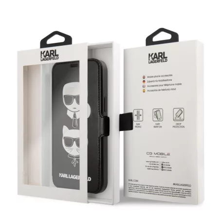 Karl Lagerfeld and Choupette Apple iPhone 12 / 12 Pro 2020 (6.1) oldalra nyíló könyv tok fekete (KLFLBKSP12MFKICKC)