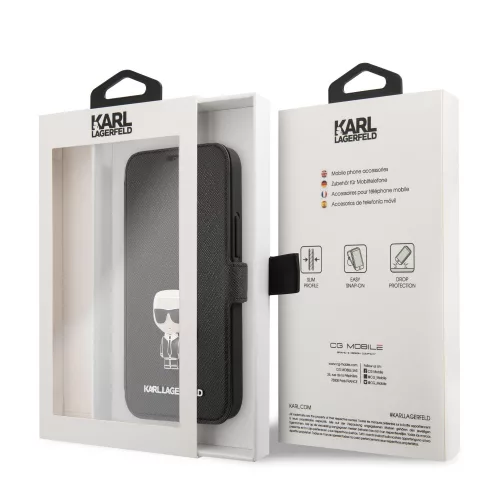 Karl Lagerfeld Apple iPhone 12 Mini 2020 (5.4) Saffiano Iconic oldalra nyíló könyv tok fekete (KLFLBKP12SIKMSBK)