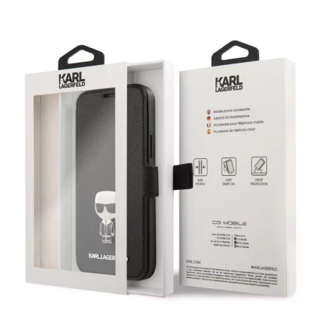 Karl Lagerfeld Apple iPhone 12 / 12 Pro 2020 (6.1) Saffiano Iconic oldalra nyíló könyv tok fekete (KLFLBKP12MIKMSBK)