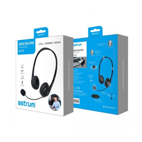 Astrum HS750 Call center USB headphone with flexible noise-isolating microphone and soft leather earcups