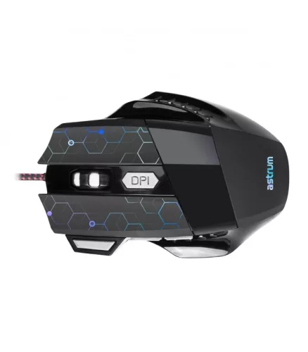Astrum MG300 7D 4800DPI vezetékes gumírozott fekete gamer optikai egér, programozható gombokkal, többszínű LED világítással