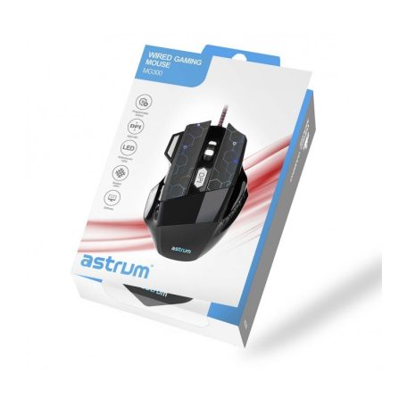 Astrum MG300 7D 4800DPI vezetékes gumírozott fekete gamer optikai egér, programozható gombokkal, többszínű LED világítással