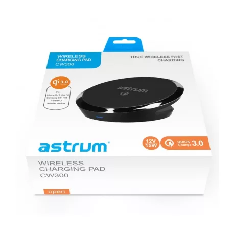 Astrum CW300 univerzális QuickCharge vezeték nélküli QI 3.0 gyorstöltő 5V/2A, 9V/1,8A, 12V/1,5A fekete 18W