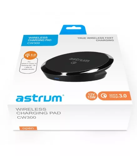 Astrum CW300 univerzális QuickCharge vezeték nélküli QI 3.0 gyorstöltő 5V/2A, 9V/1,8A, 12V/1,5A fekete 18W