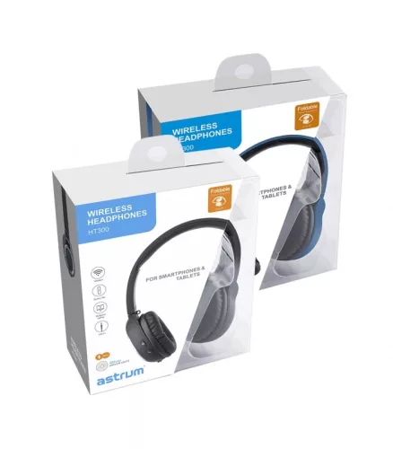 Astrum HT300 sztereó kék bluetooth 4.2 összecsukható fejhallgató beepitett mikrofonnal, bőr fülpárnákkal