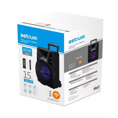 Astrum TM140 "Trolley" hordozható bluetooth hangszóró 15.0", 40W, FM, USB, MicroSD, színes LED világítás, távirányító, mikrofon