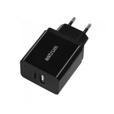 Astrum CH260 fekete hálózati töltőfej 1X USB-C, 1X USB, 2,4A total output, Smart IC 12W