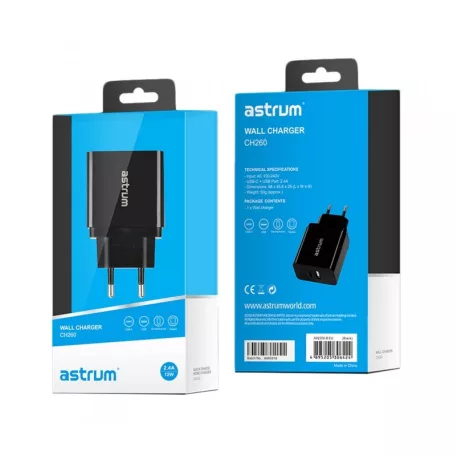 Astrum CH260 fekete hálózati töltőfej 1X USB-C, 1X USB, 2,4A total output, Smart IC 12W