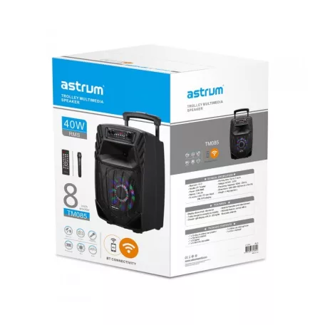 Astrum TM085 "Trolley" hordozható bluetooth hangszóró 8.0", 40W, FM, USB, MicroSD, színes LED világítás, távirányító, mikrofon