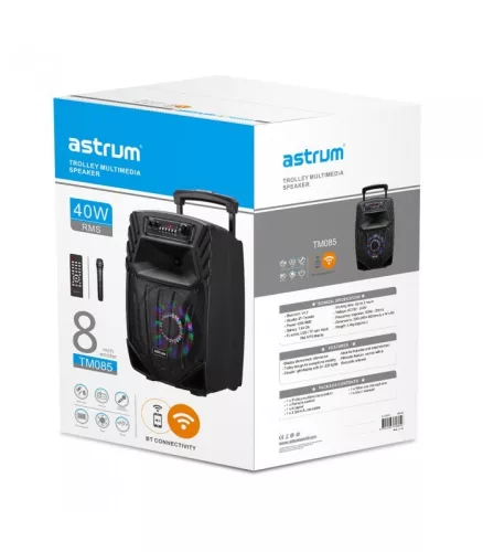 Astrum TM085 "Trolley" hordozható bluetooth hangszóró 8.0", 40W, FM, USB, MicroSD, színes LED világítás, távirányító, mikrofon