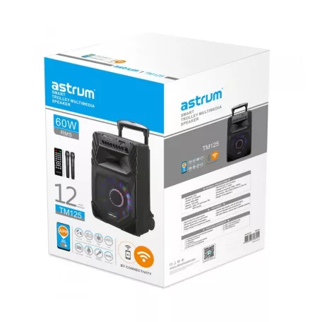 Astrum TM125 "Trolley" hordozható bluetooth hangszóró 12.0", 60W, FM, USB, MicroSD, színes LED világítás, távirányító, 2X mikrofon