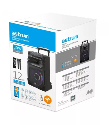 Astrum TM125 "Trolley" hordozható bluetooth hangszóró 12.0", 60W, FM, USB, MicroSD, színes LED világítás, távirányító, 2X mikrofon