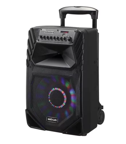 Astrum TM155 "Trolley" hordozható bluetooth hangszóró 15.0", 80W, FM, USB, MicroSD, színes LED világítás, távirányító, 2X mikrofon