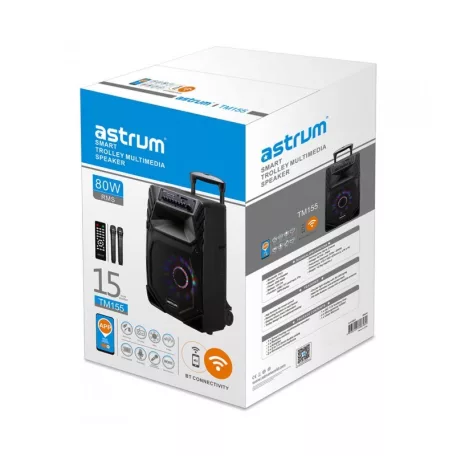Astrum TM155 "Trolley" hordozható bluetooth hangszóró 15.0", 80W, FM, USB, MicroSD, színes LED világítás, távirányító, 2X mikrofon