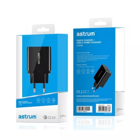 Astrum CH450 fekete hálózati töltőfej 1X USB-C 24W, 1X USB QC 3.0 (Quick Charge) 18W